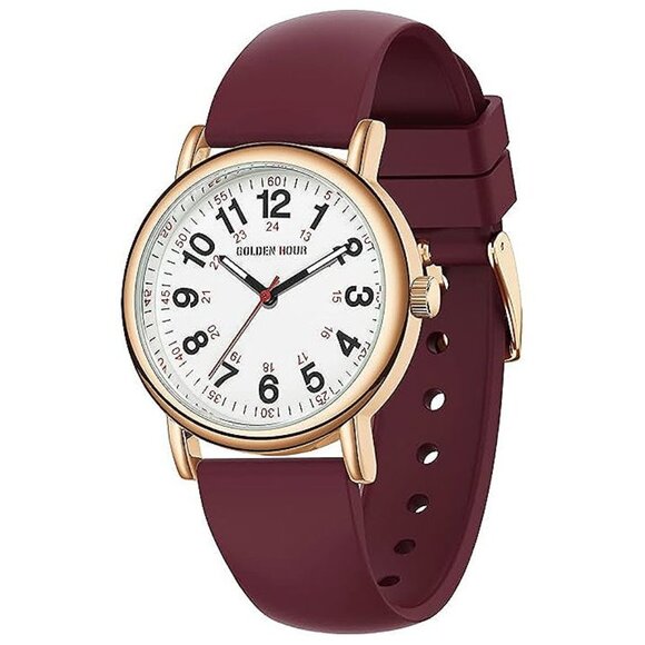 GOLDEN HOUR Waterproof Nurse Watch for Medical , Rose gold wine red